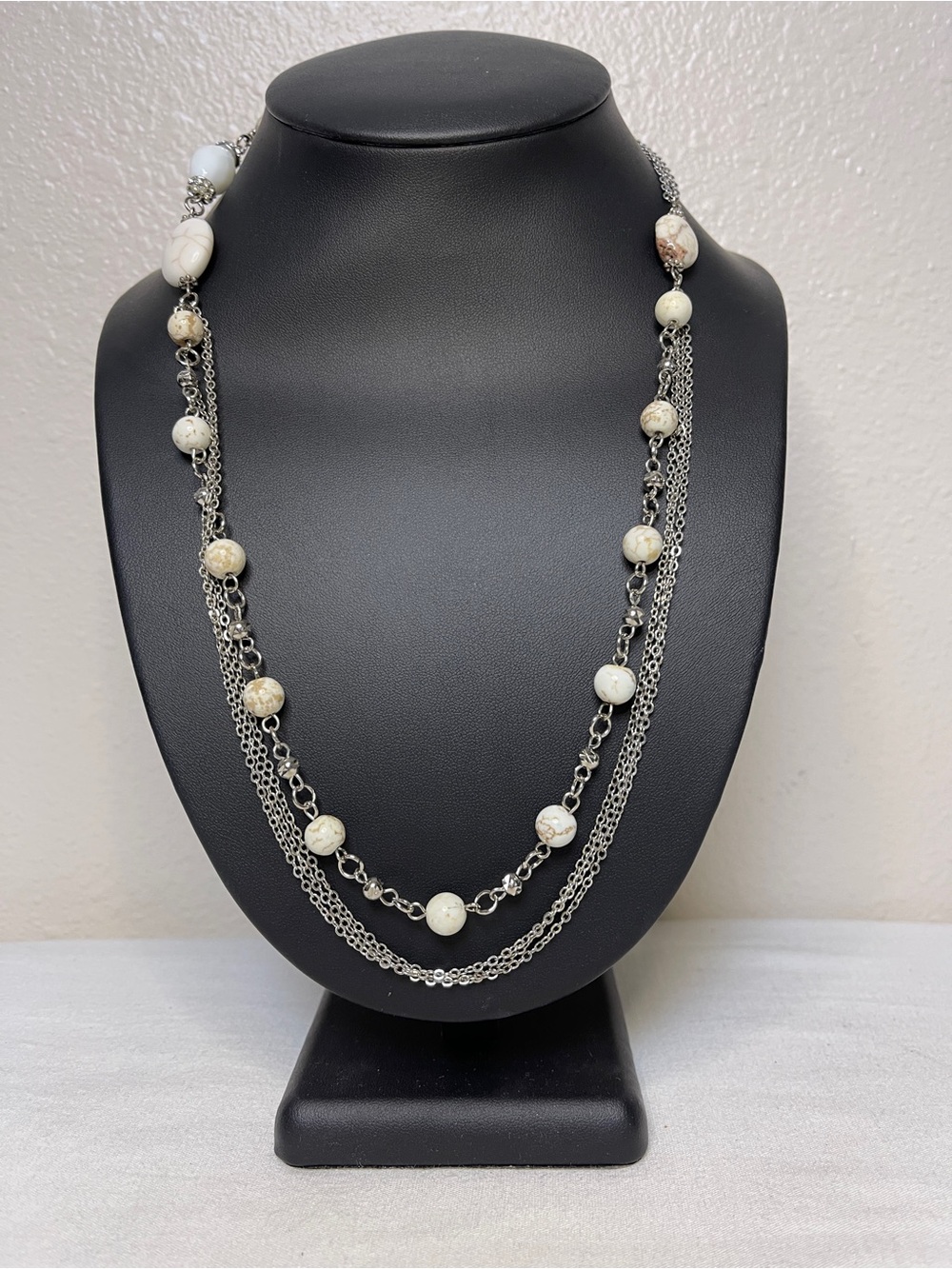 Silver Multi-Strand Necklace with Cream Marble Beads 19.5”